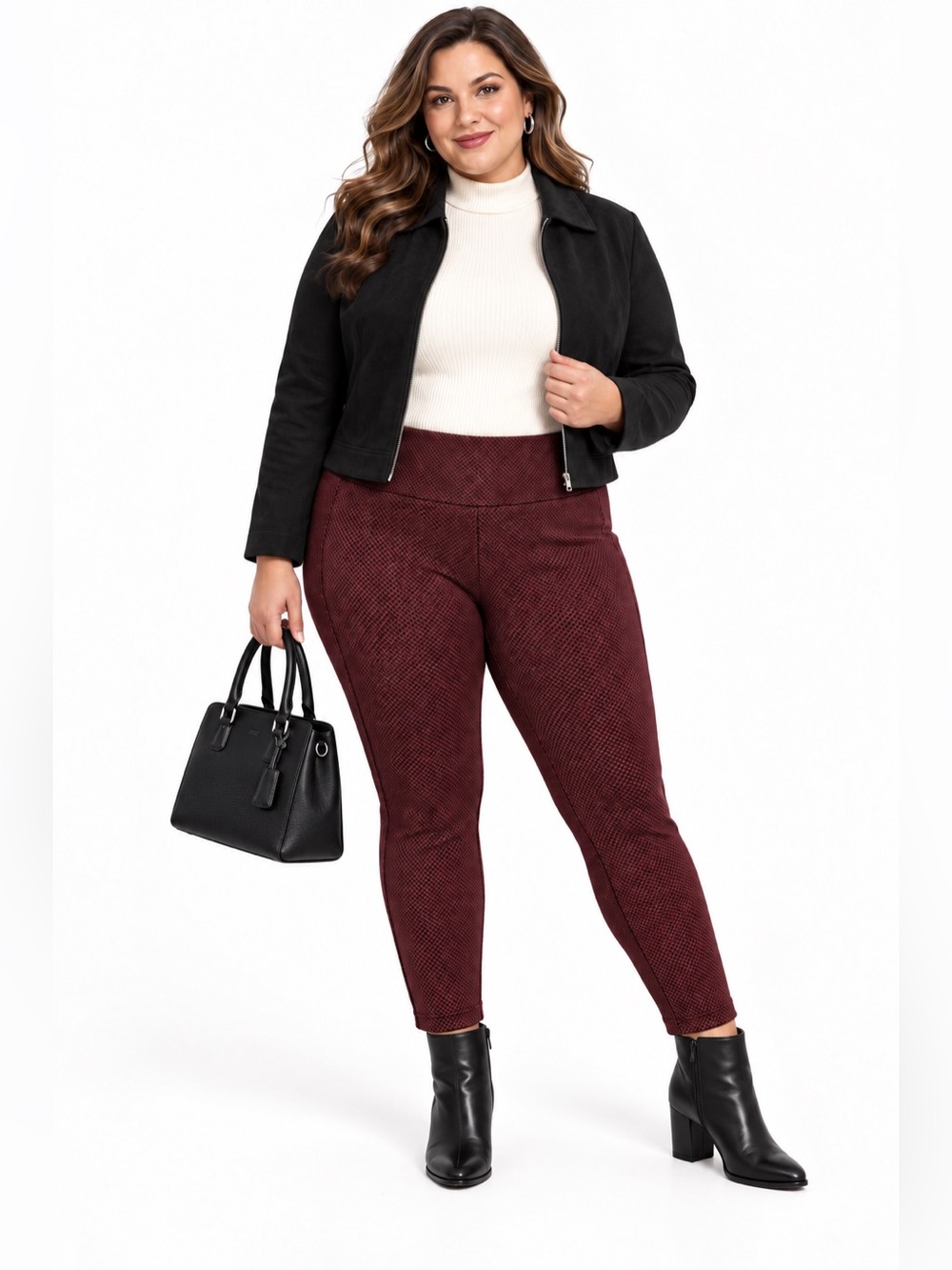 NWT Worthington SZ 22W maroon/black diamond patterned leggings/waist 38”-44”
